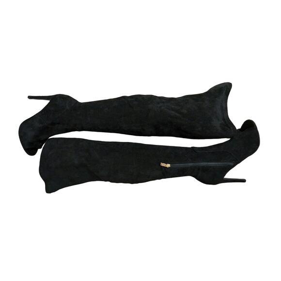 NWOT-1 SHOW! HOT TOMATO! BLACK VEGAN SUEDE  PEEP TOE OVER THE KNEE BOOTS!SZ 7.5M - Picture 7 of 11